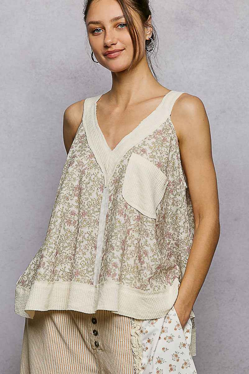POL Floral V-Neck Tank with Front Pocket CREAM MULTI 263317c7-bf00-4a40-802d-4fb7f7fa8422-Max