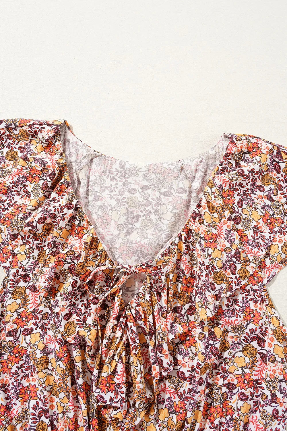 Floral Print Knot V Neck Ruffled Sleeve Blouse 2633e05d-9bfb-40e8-bcef-7664bbae9458-Max-Origin