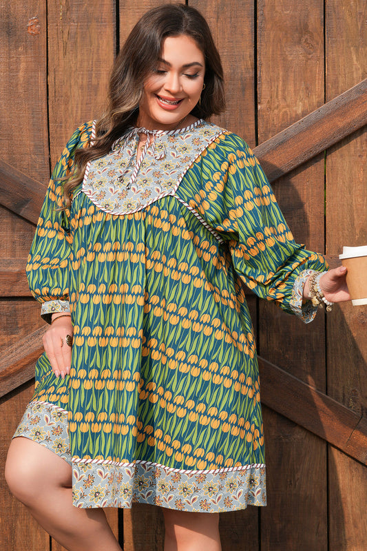 Green Plus Size Mixed Floral Print Striped Trim Loose Mini Dress 26392a9f97de1583
