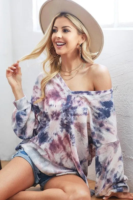 BiBi Tie-Dye V-Neck Long Sleeve Waffle Top 263ed69e26514a5293dcb1fa7a720f3d-Max-Origin