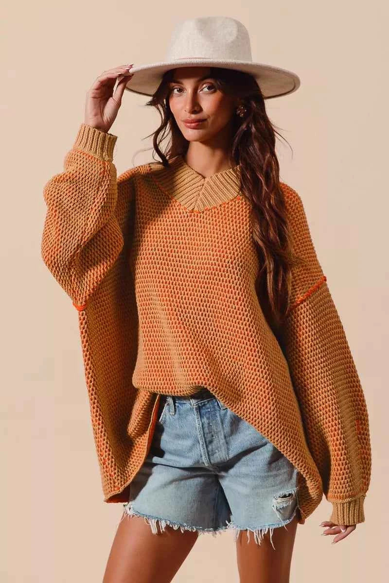 SO ME Oversized Two Tone Textured V Neck Sweater 2642ab2b34e44d13ab80d3a1a122cbe0-Max-Origin