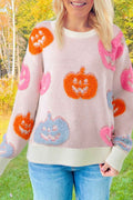 Beige Halloween Cute Pumpkin Pattern Sweater Beige 65%Acrylic+35%Polyamide 2643226f0029843a