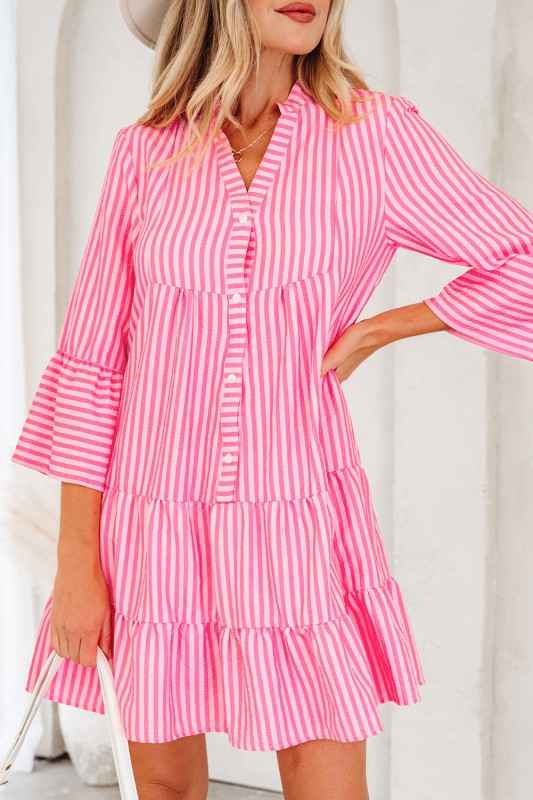 Stripe V-Neck Flare Sleeve Tiered Mini Dress 26439d06-23f8-4c0c-8a7e-ffe823541ce2