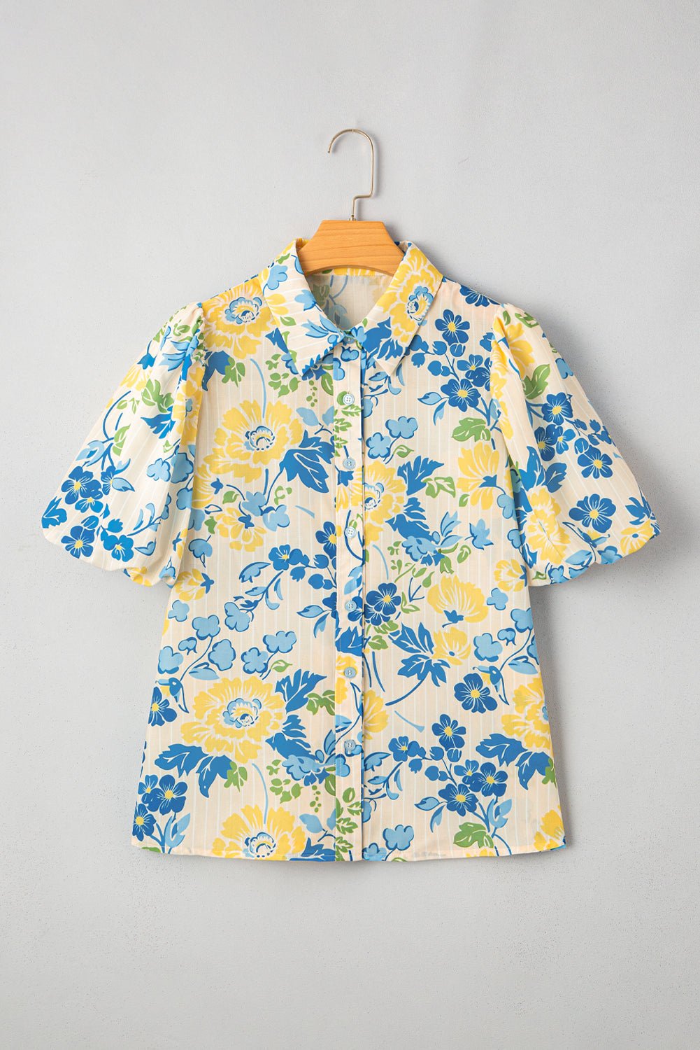Blue Floral Striped Mixed Print Puff Sleeve Blouse 2644e9d3105c483d