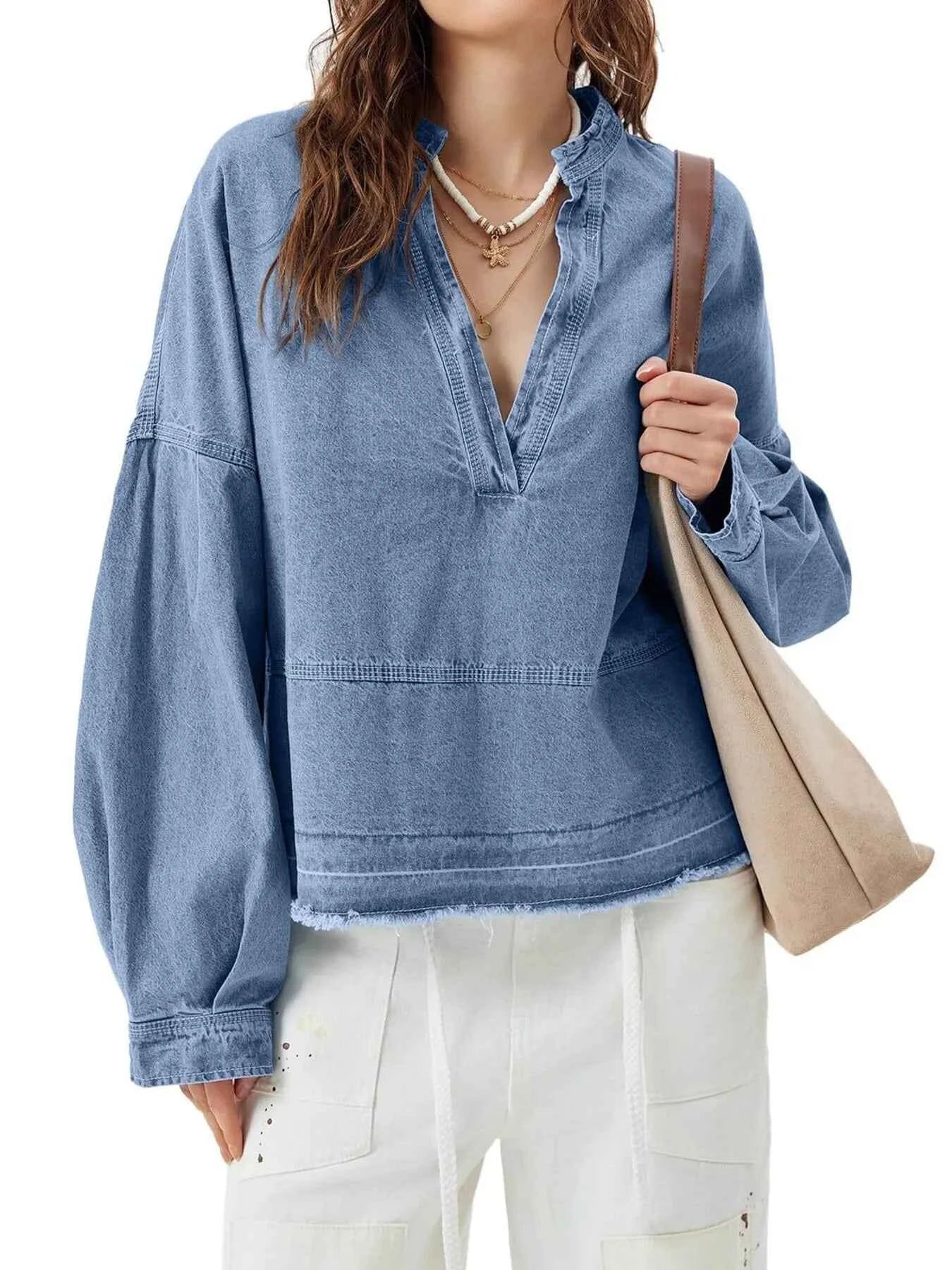 Raw Hem Long Sleeve Denim Top 264b736c8d1a483bb633a9368af609f3-Max-Origin