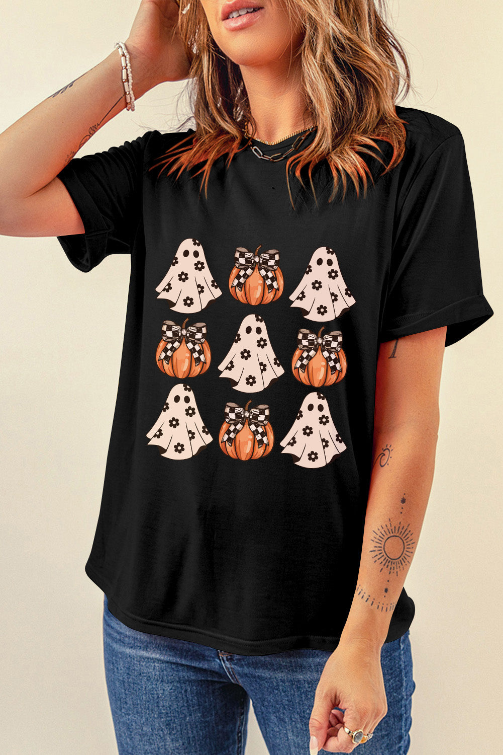 Black Halloween Ghost Pumpkin Graphic Crew Neck T Shirt 264bc747a15d9eaa