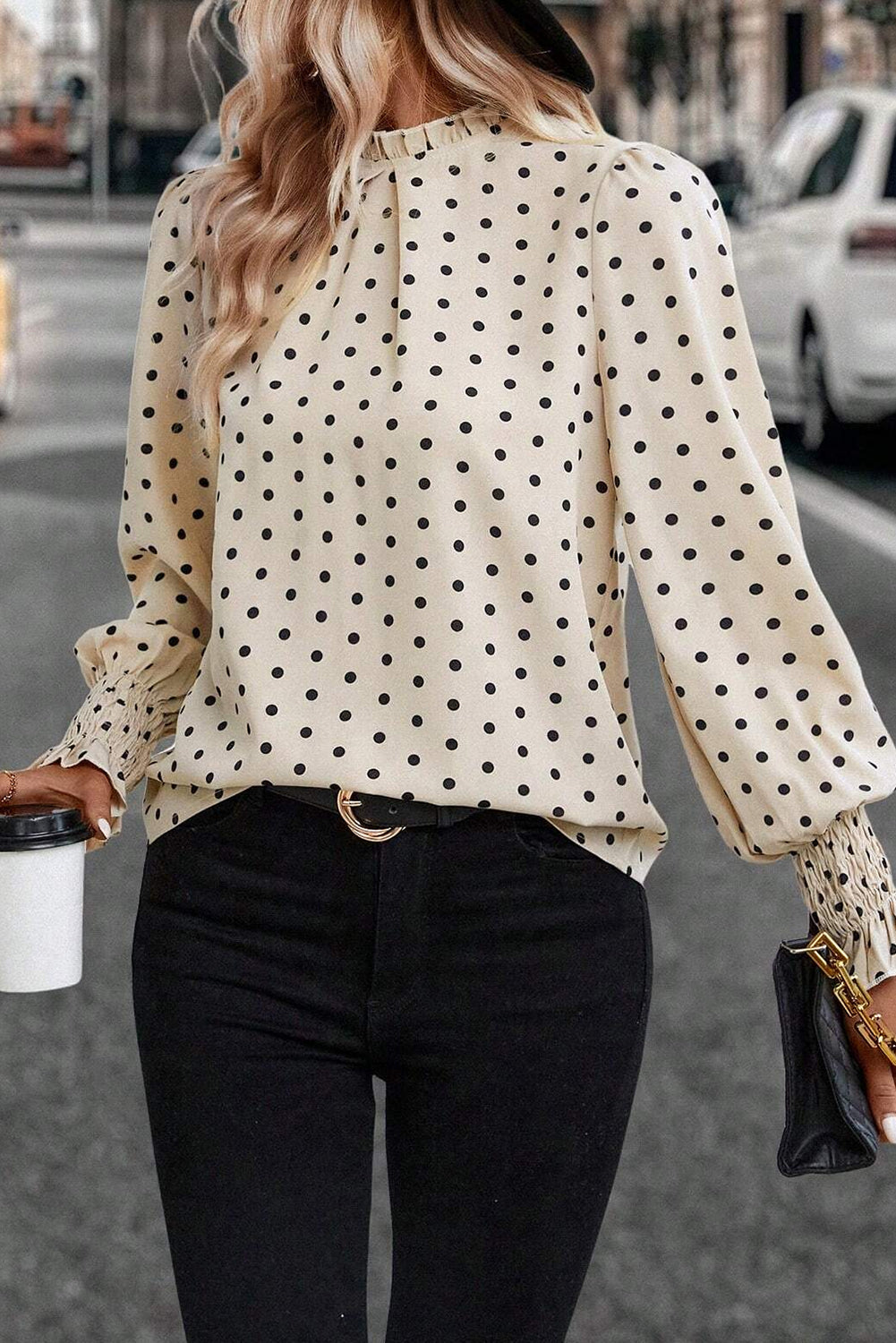 Apricot Polka Dot Print Frill Neck Smocked Lantern Sleeve Blouse Apricot 264bf420b4979461