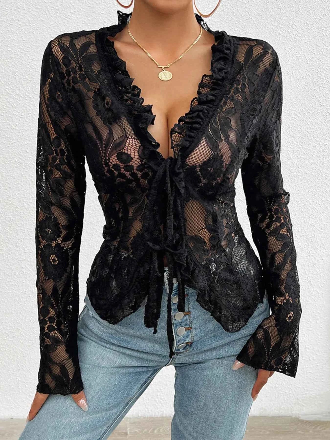 Tie Front Long Sleeve Lace Top 26504d1cfe434f37817305ffdfd822b9-Max-Origin