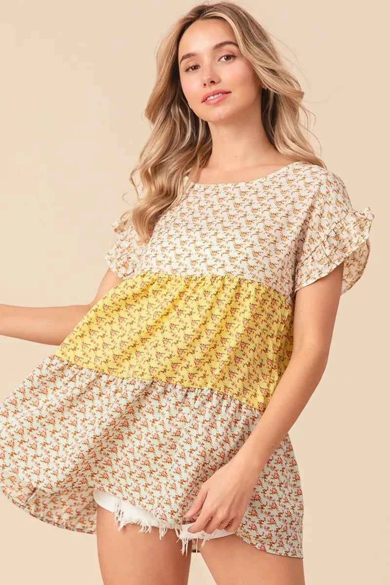 BiBi Flroal Printed Woven Color Block and Tiered Top 2650a71eedeb4da7ae72dad31c99b6ac-Max-Origin