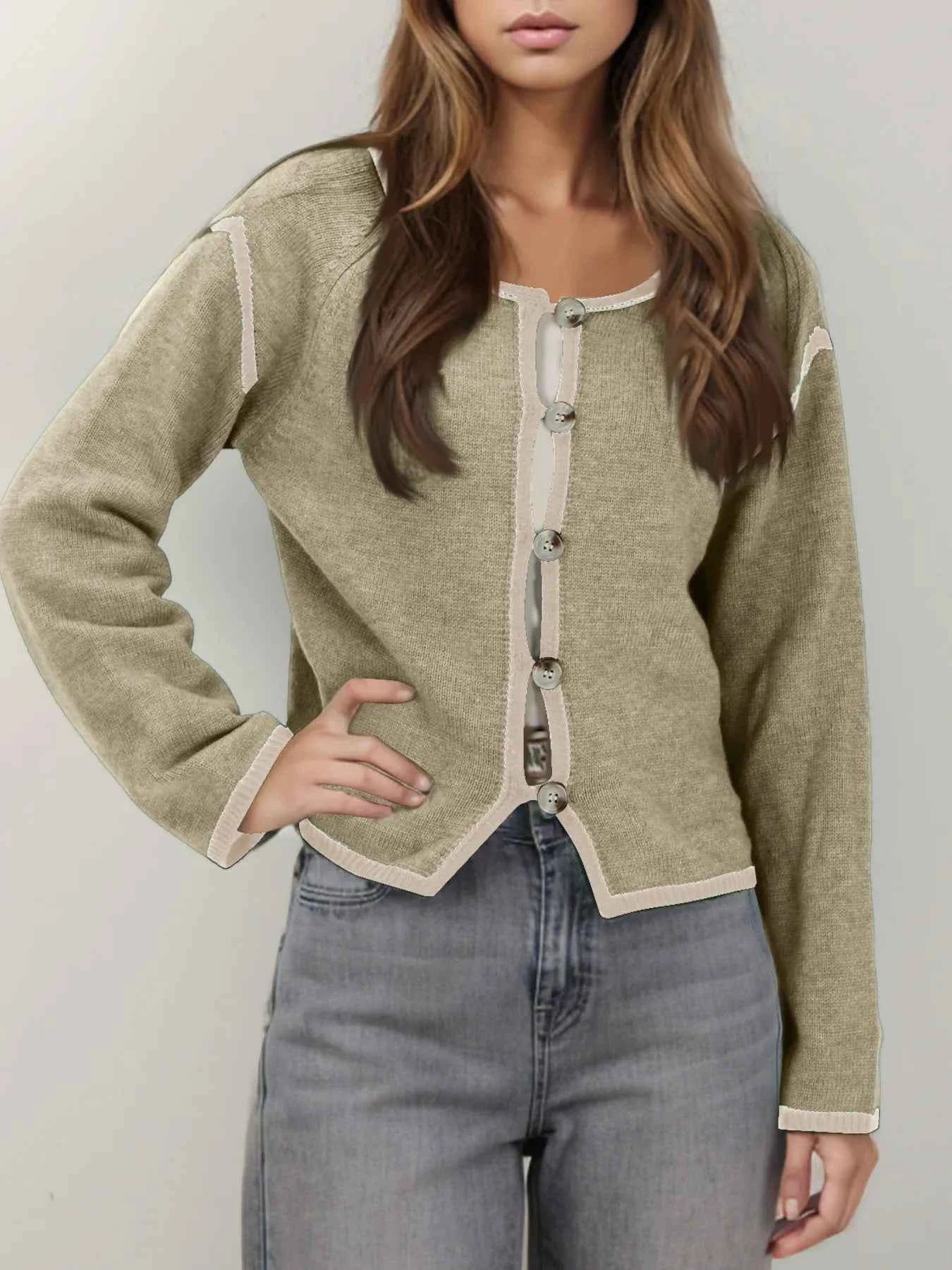 Button-Front Cardigan with Contrast Trim Khaki 26522984b77e4452bc9eaf8cf31cc071-Max-Origin