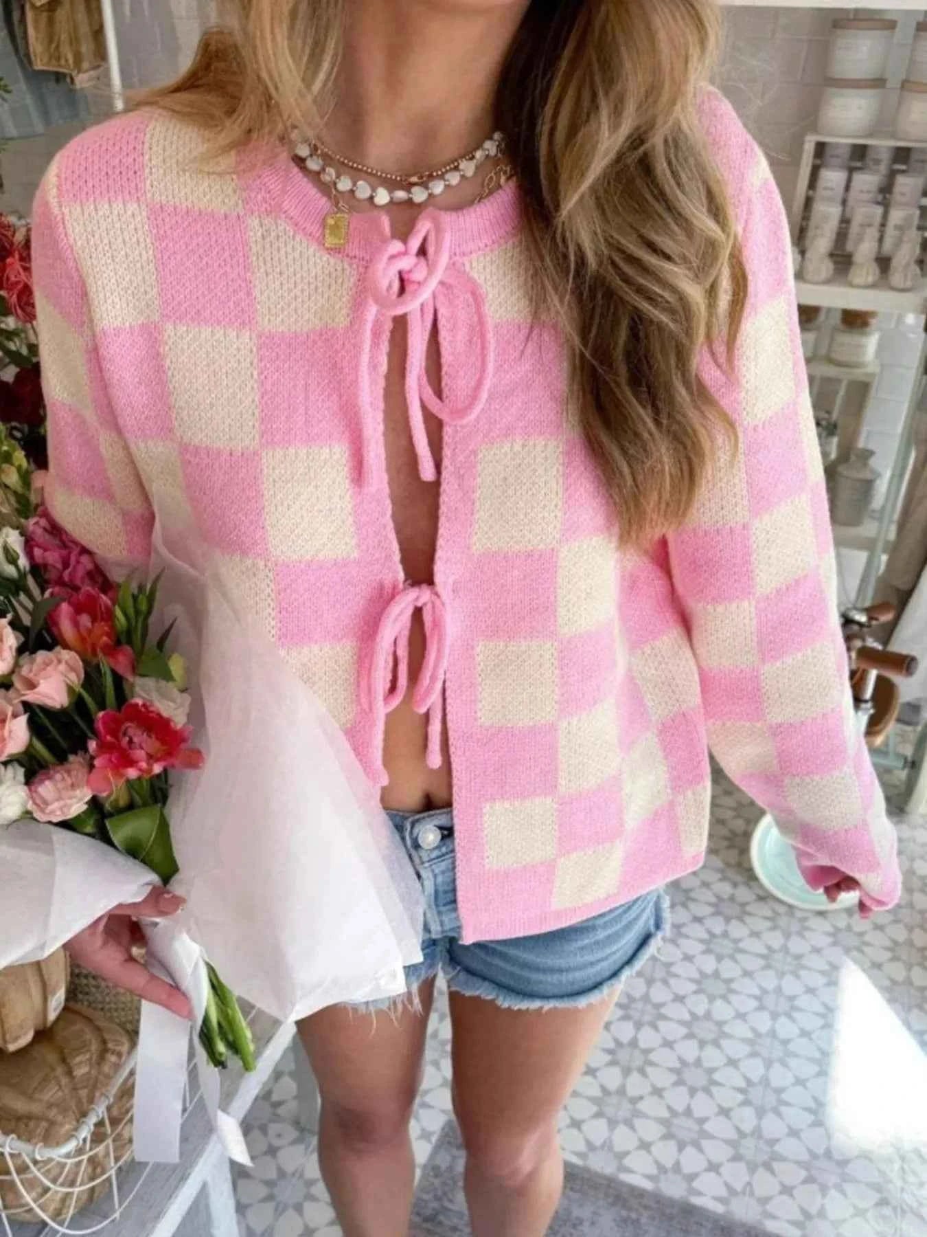 Checkered Tie-Front Cropped Cardigan Pink 26554a8d-9b30-4e75-ac1c-a5907c3ec4d9-Max-Origin