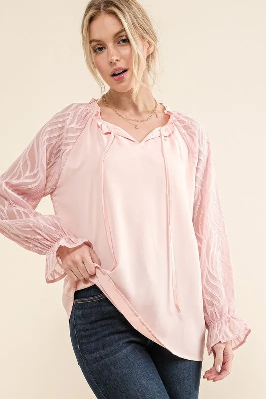 Leaves Shape Textured Sleeve Blouse - Sheer Ruffled Top 265d99fb940d49c9a72d8d1055af52d0-Max-Origin