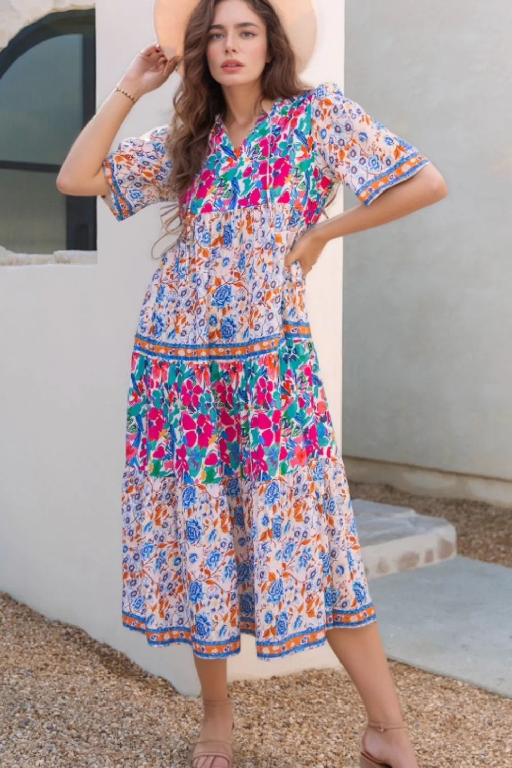 Mixed Floral Print Tie Neck Short Sleeve Dress Floral 26633127-39cd-4a1c-a3d9-473591bd3923-Max