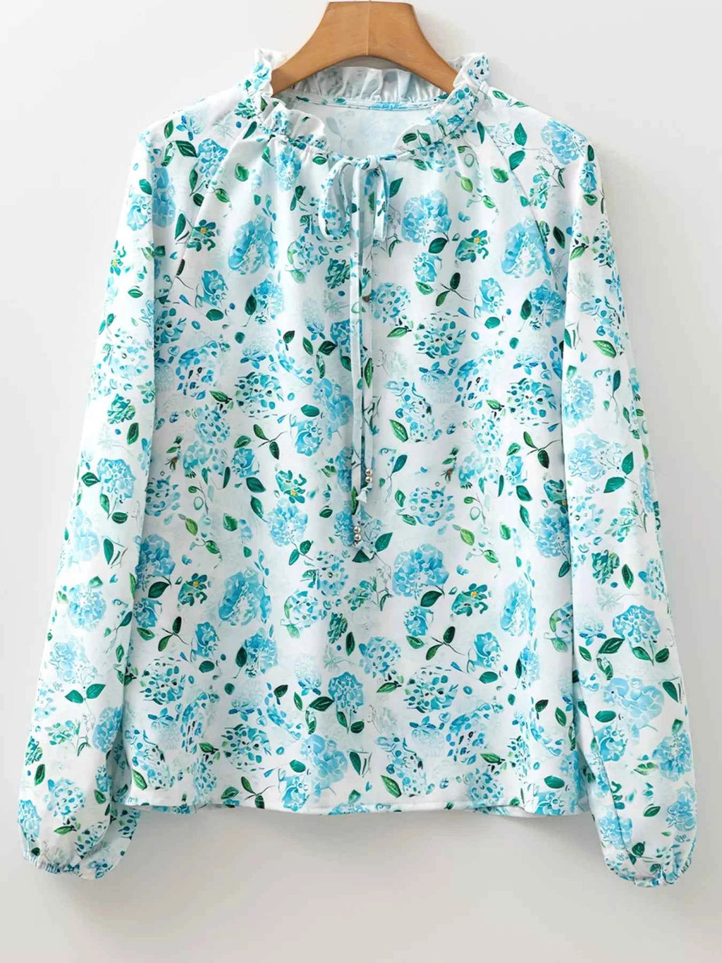 Floral Print Frilled Trim Tie Neck Elastic Cuffs Long Sleeve Blouse 2665f87093d149ba88fe33b3fcb9ce43-Max-Origin