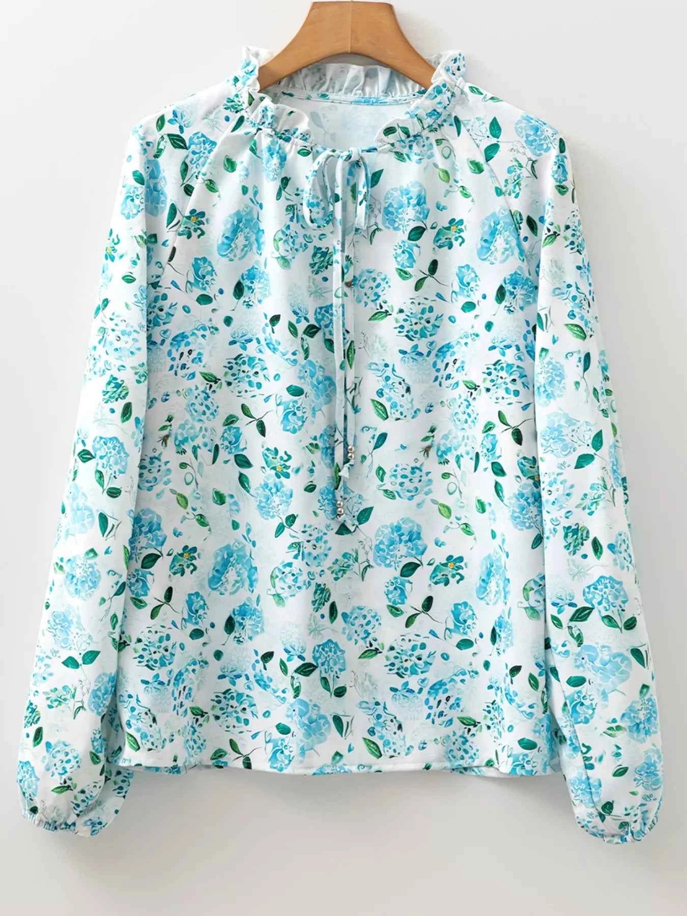 Floral Print Frilled Trim Tie Neck Elastic Cuffs Long Sleeve Blouse 2665f87093d149ba88fe33b3fcb9ce43-Max-Origin