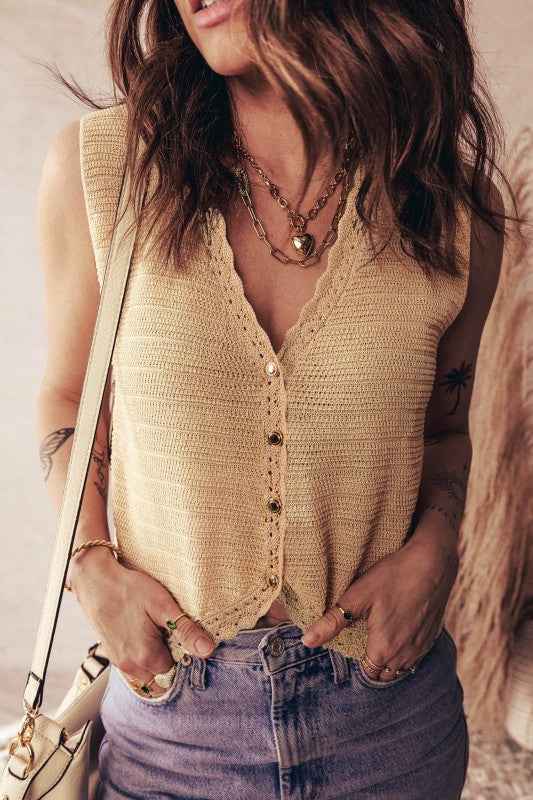 Boho Solid Eyelet Trim Buttoned Sweater Vest Pale Khaki 266697ec-32d5-4dcb-b262-50e2aff86151