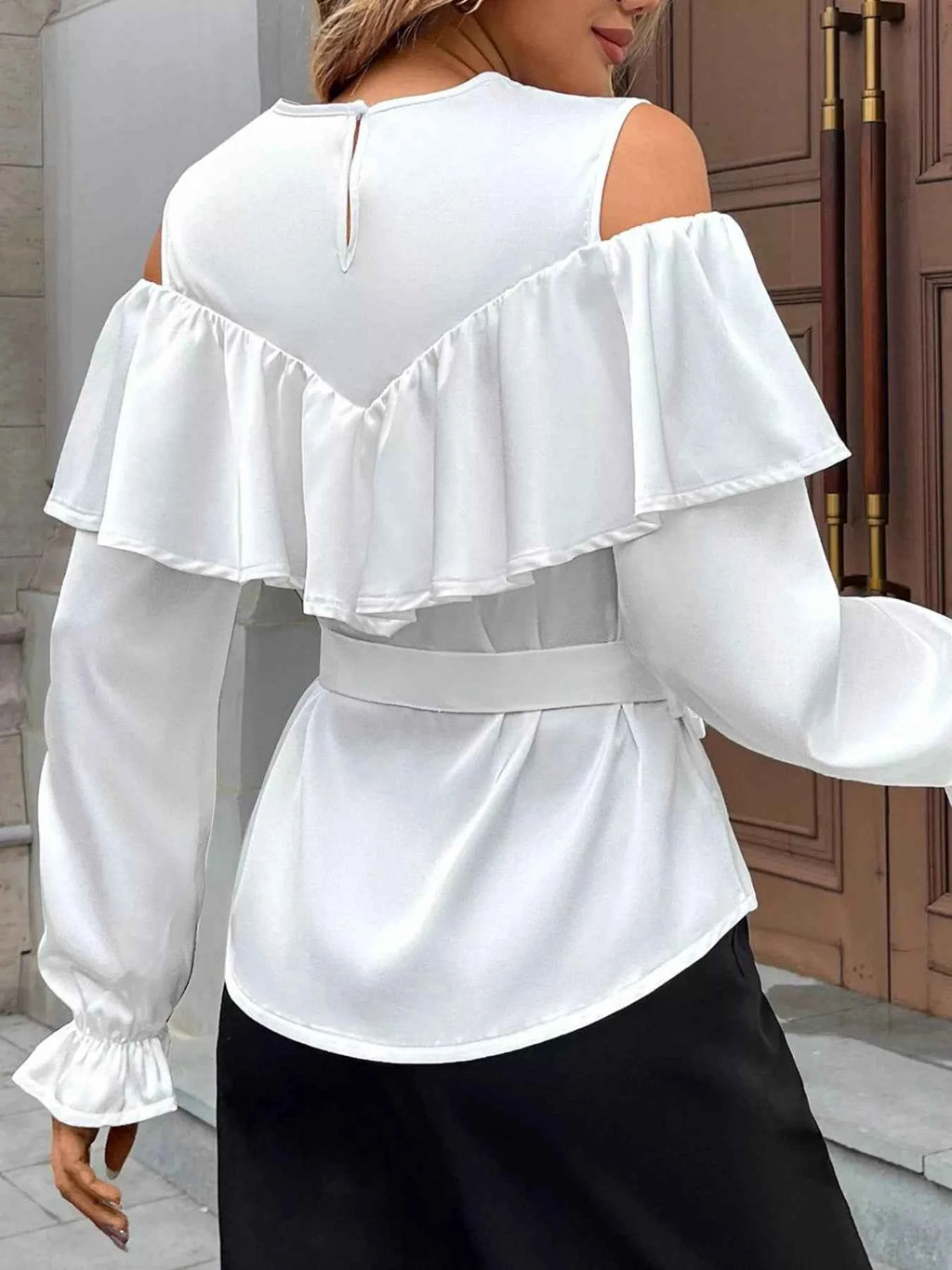Ruffled Cold Shoulder Flounce Sleeve Blouse 266c49e8-aa4c-4621-be73-debb17aa63bf-Max-Origin