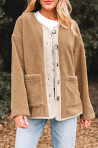 Light French Beige Puffy Plush Corduroy Edge Patchwork Jacket with Big Pockets 26714f41348ff204