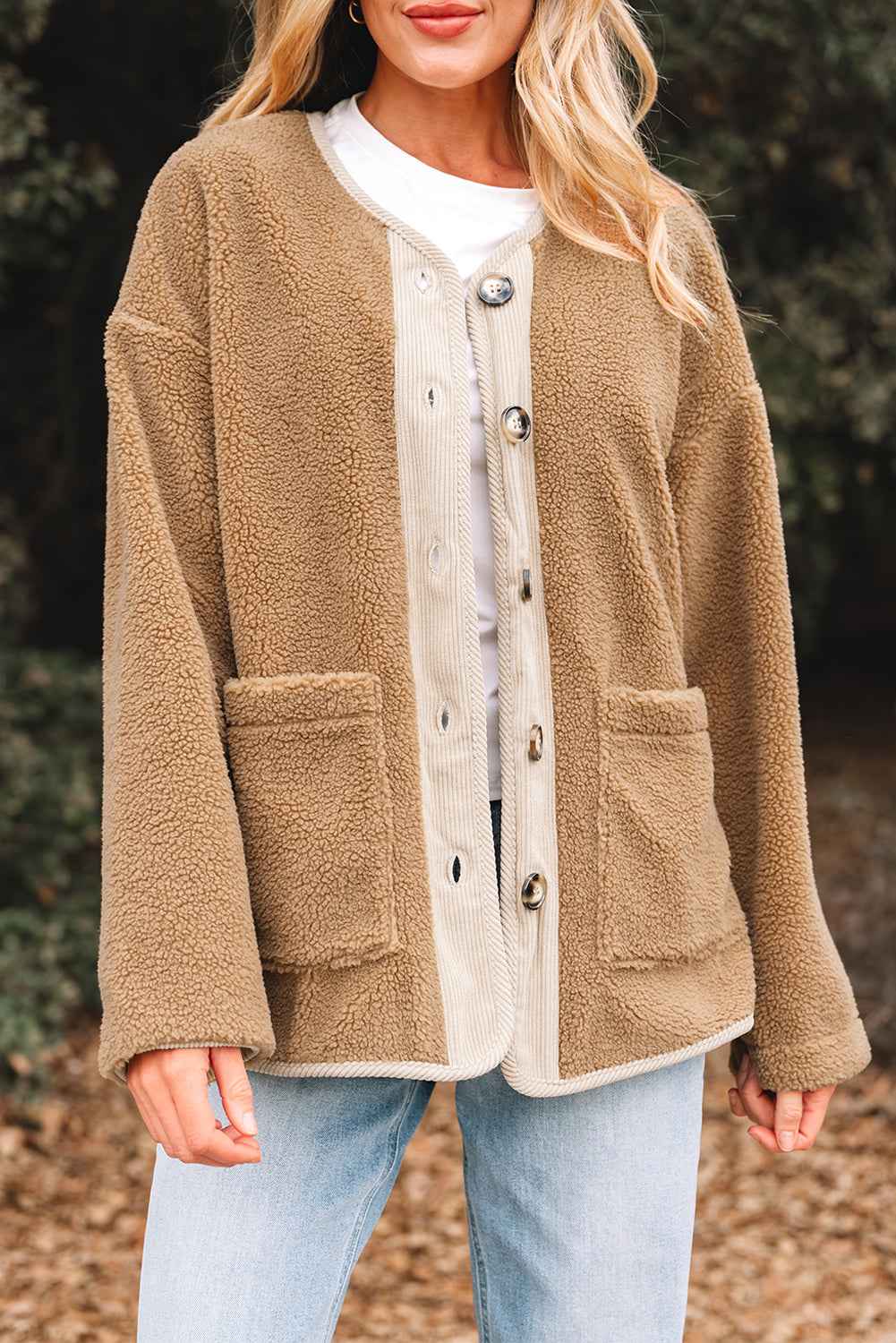Light French Beige Puffy Plush Corduroy Edge Patchwork Jacket with Big Pockets 26714f41348ff204