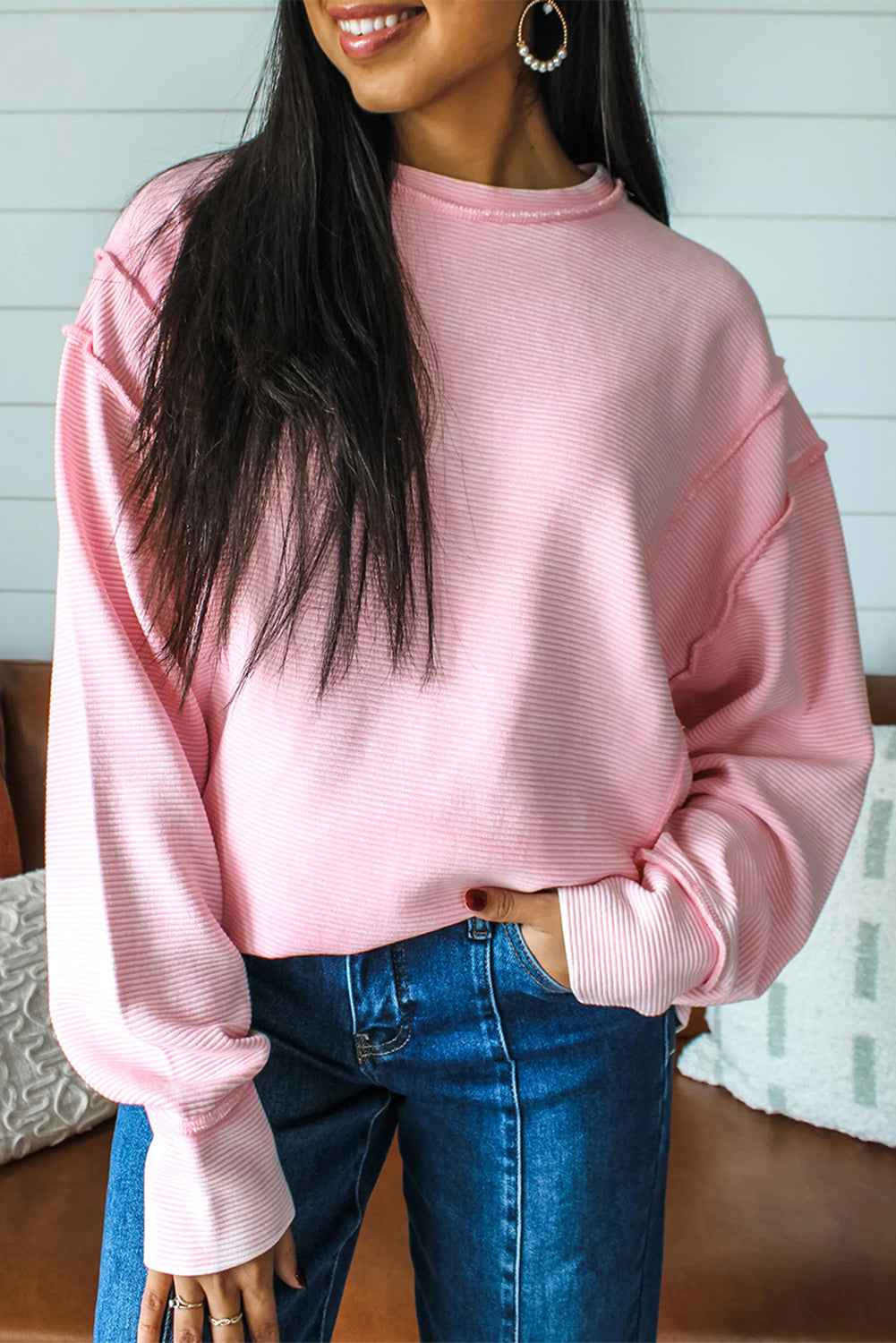 Pink Solid Color Exposed Seam Long Sleeve Top Pink 267250f6af7068d2