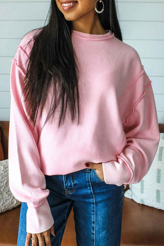 Pink Solid Color Exposed Seam Long Sleeve Top Pink 267250f6af7068d2