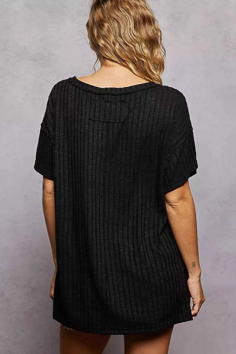 POL Ribbed Knit V-Neck Short Sleeve T-Shirt 26779194-61cf-4f14-8229-3a84438a03ac-Max-Origin