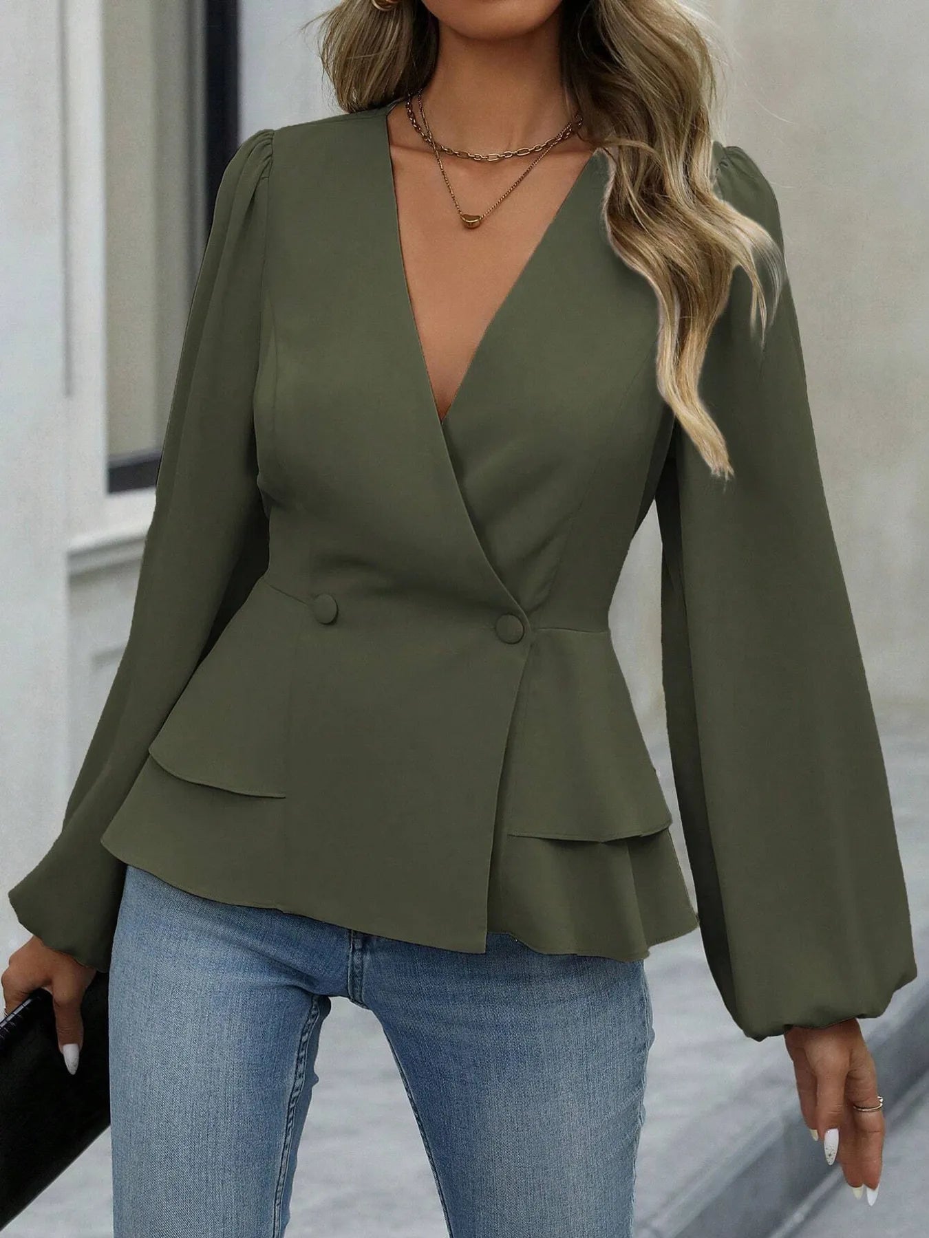 Surplice Balloon Sleeve Blouse Army Green 267793fd62c4458987474a8550ff3304-Max-Origin