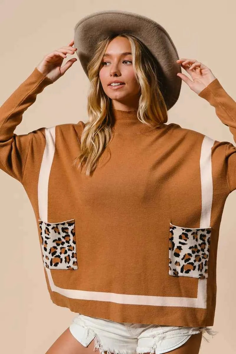 BiBi Mock Neck Sweater with Leopard Pocket 267866d881364a2ab39162cad716fbaa-Max-Origin