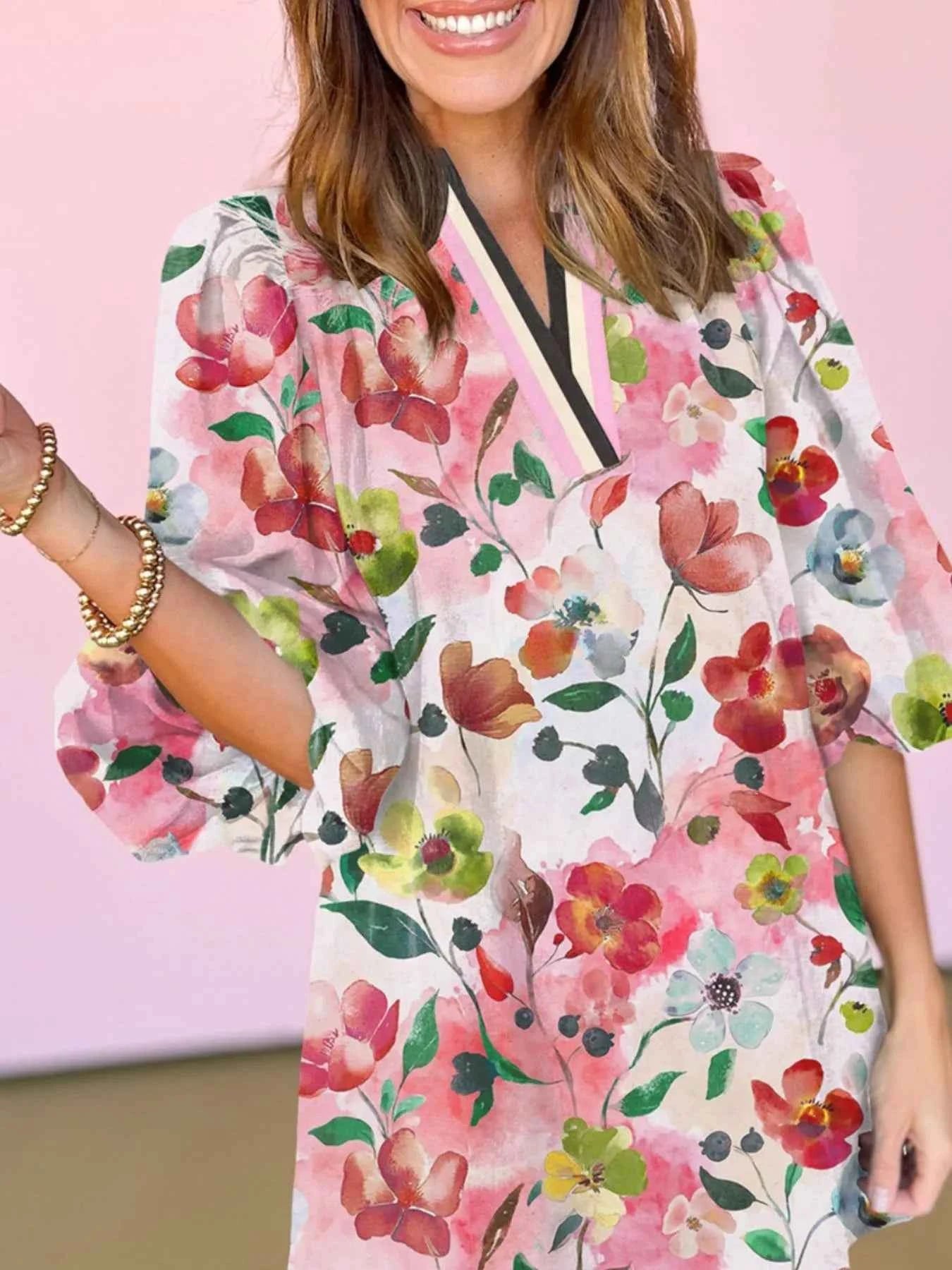 Floral Print Notched Tunic Dress 267cb547-8bc2-4d2b-bd25-fa6cad1d557a-Max-Origin