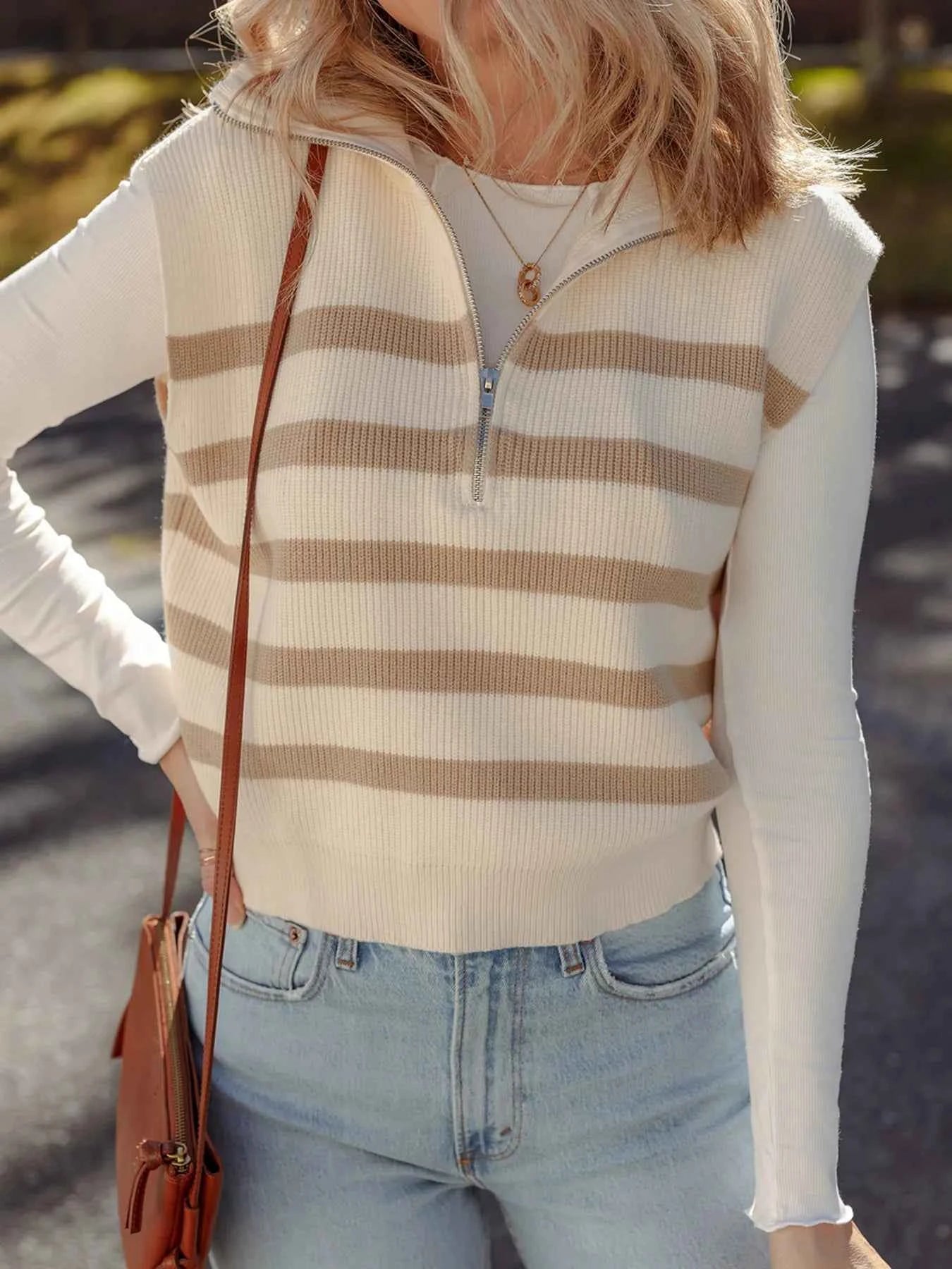Striped Half-Zip Ribbed Knit Sweater Vest 26803d0254d2464591fba23ac3f21f30-Max-Origin