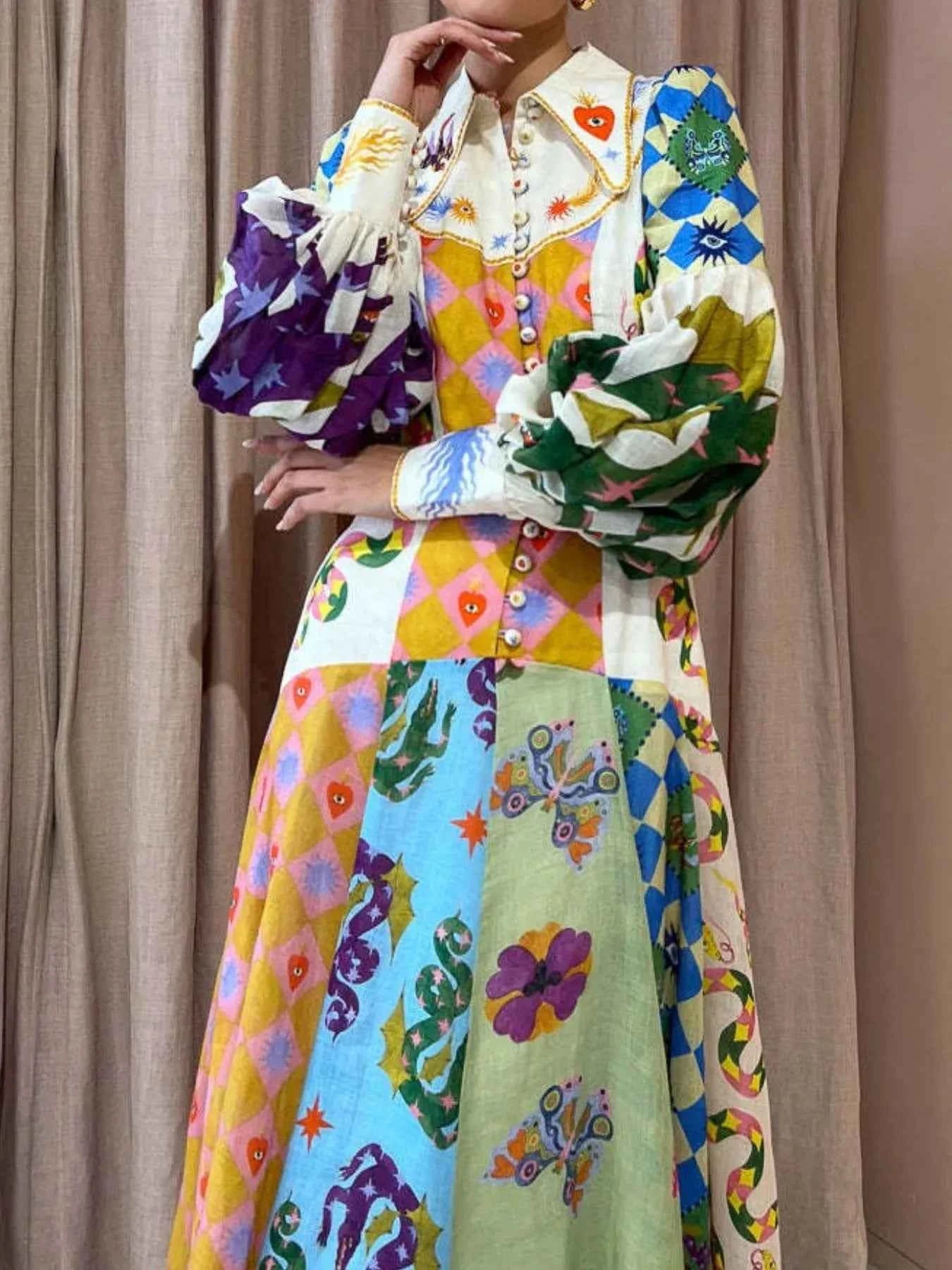 Printed Lantern Sleeve Midi Shirt Dress 26847a8f-8844-4e0b-8817-84fa2d352ea4-Max-Origin