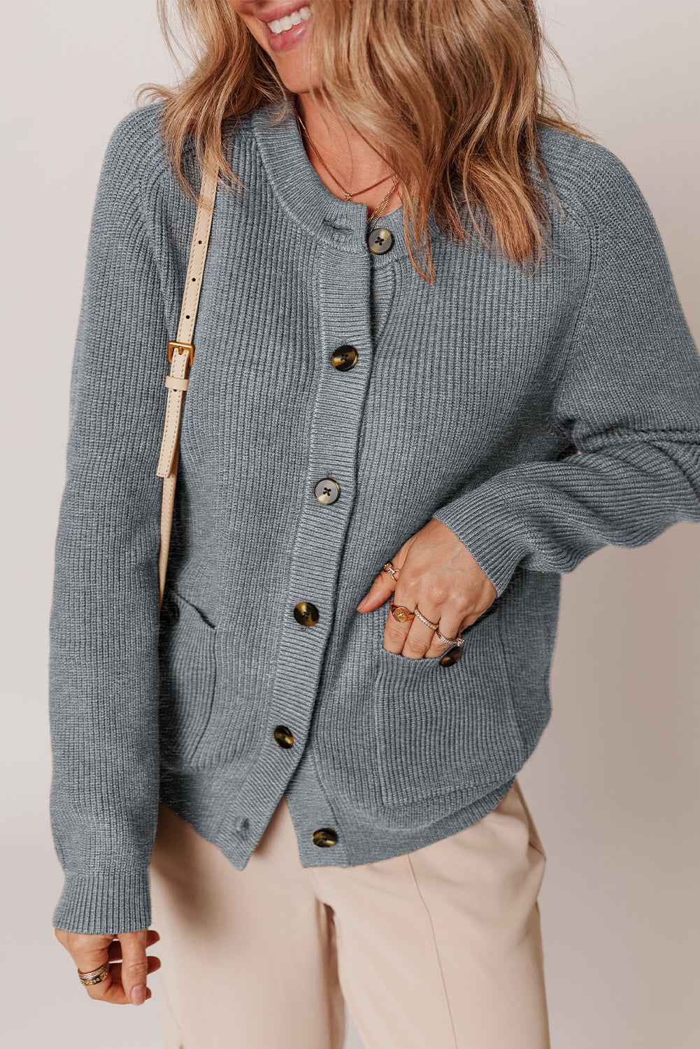 Medium Grey Chunky Buttoned Front Round Neck Cardigan Sweater 26847f8c73214ee5
