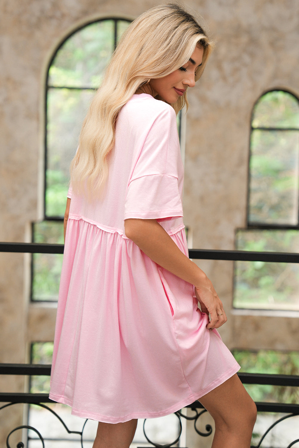 Light Pink Solid Color Pocket Raw Edge Babydoll Dress 26863c90724ad181
