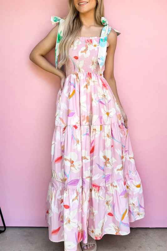 Floral Print Knotted Shoulder Smocked Maxi Dress Pink 26888-1762329560265-1_20_6