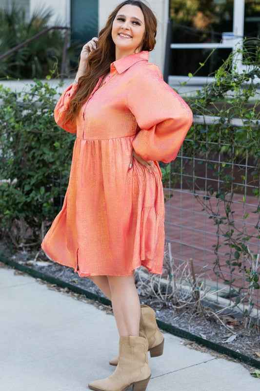 Metallic Balloon Sleeve Shirt Plus Size Mini Dress 26888-1762416020134-4a643608-93ea-41d8-84b7-039fabf21ee2