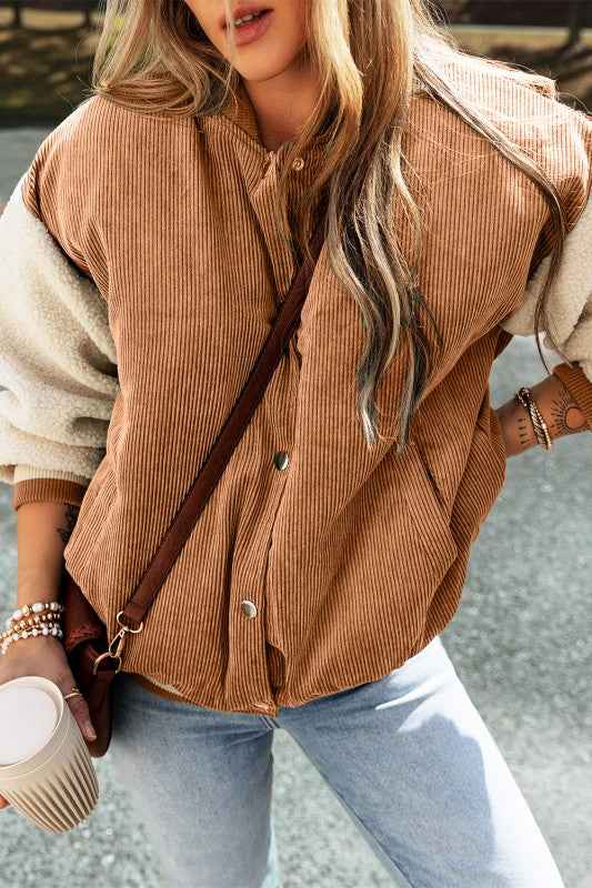 Corduroy Fleece Patchwork Buttoned Bomber Jacket 26888-1762421410392-9bb3374b-7160-4eef-8e8e-1da1d179b3eb