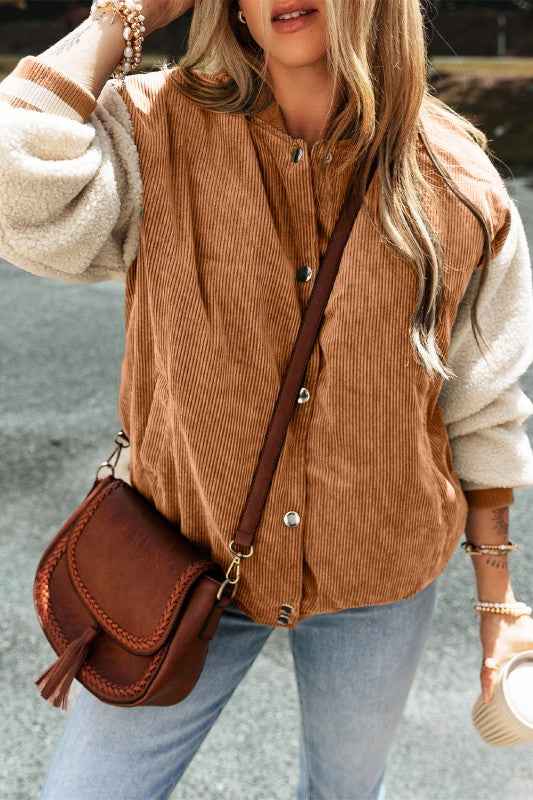 Corduroy Fleece Patchwork Buttoned Bomber Jacket 26888-1762421429964-5eb942dd-3523-45f8-8aaa-ee5ba8724c29