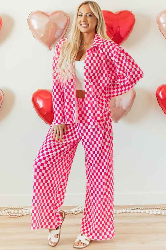 Checkered Shirt High Waist Pants Pajama Set Pink 26888-1762422294429-e3147c44-a1b7-401a-a82f-e25b1574588b