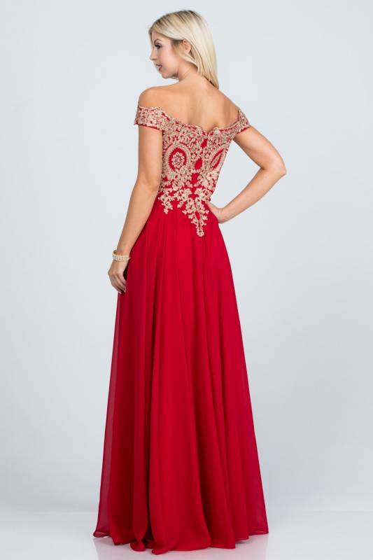 Off Shoulder Evening Gown – Gold Lace Appliqué Chiffon Dress for Women 268cc457-c498-4b71-b26d-1387d8211026