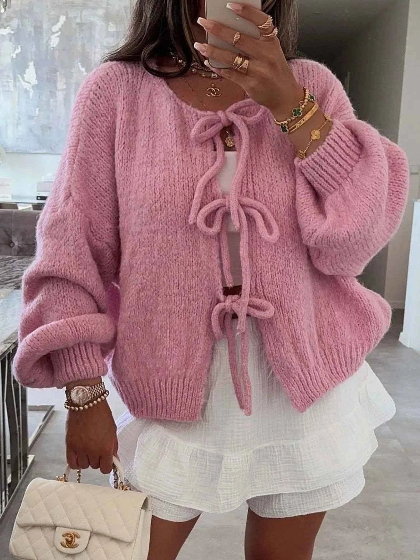 Cozy Bow-Tie Front Knit Cardigan