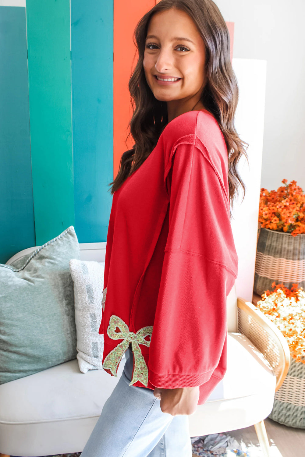 Pink Floral Bow Patched Exposed Seam Patchwork Slit Baggy Sweatshirt 26937eaa9196686b