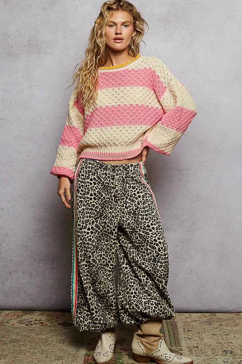 POL Contrast Striped Round Neck Sweater with Textured Cable Knit Pattern 269a31a1-1206-4ba9-8e58-a690a89b1ce0-Max-Origin