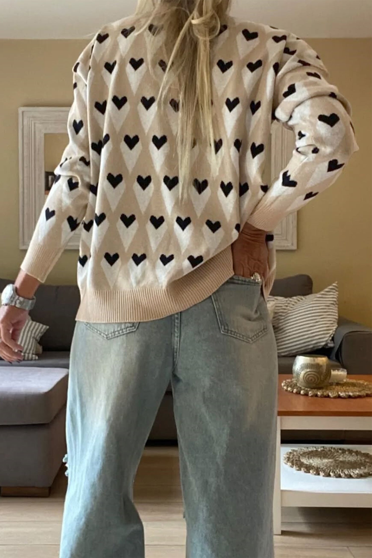 Parchment Geometric Heart Print Ribbed Trim Loose Sweater 26a087051ffc810d