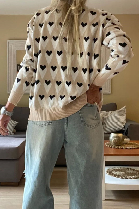 Parchment Geometric Heart Print Ribbed Trim Loose Sweater 26a087051ffc810d