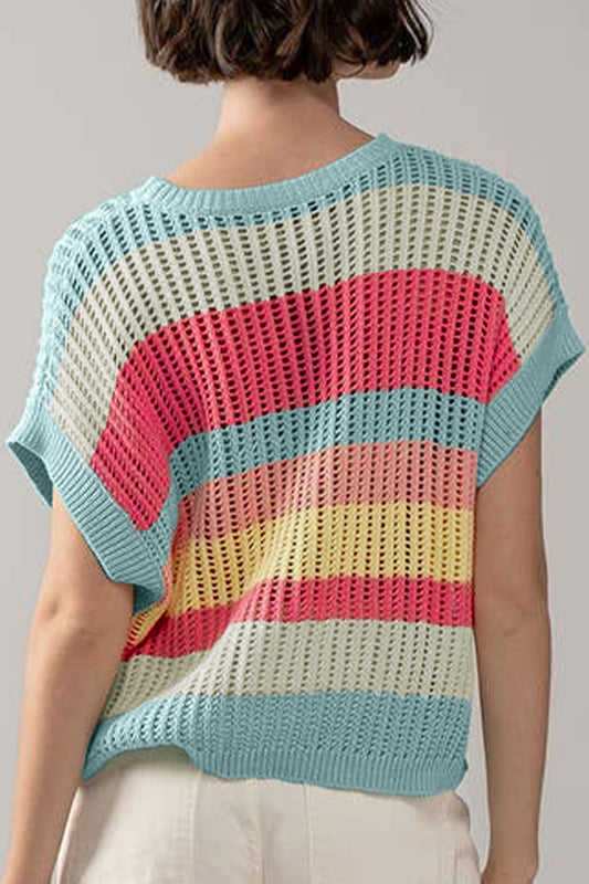 Green Stripe Color Block Hollow Out Knit Short Sleeve Sweater 26a528cf6a7d4715