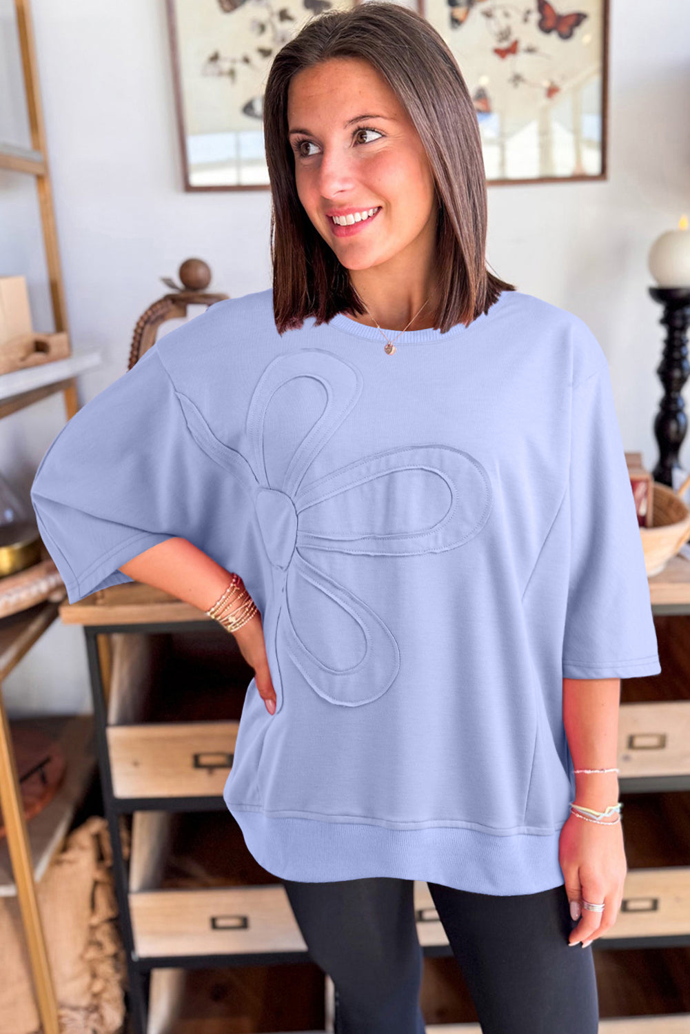 Clearly Aqua Solid Color Floral Patched Half Sleeve Tunic Top 26aa93ab745dff1e