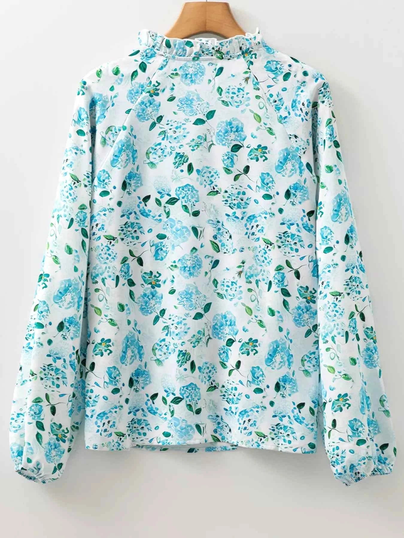 Floral Print Frilled Trim Tie Neck Elastic Cuffs Long Sleeve Blouse 26aed2ff885b4a94942fa5c334d3b0ed-Max-Origin