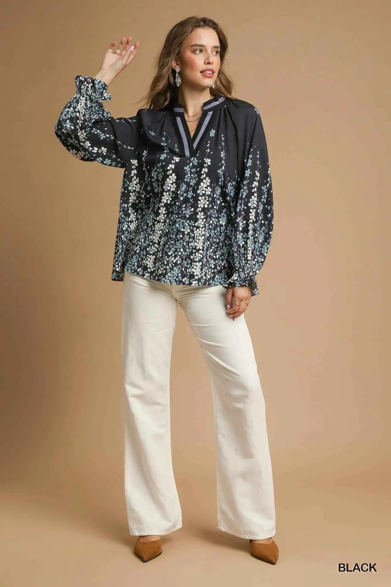 Umgee Full Size Floral Vine Print Blouse with Balloon Sleeves Plus Size 26b2bb75-012d-416d-908e-481ea594a1a7-Max-Origin
