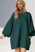Double Take Drop Shoulder Lantern Sleeve Texture Mini Dress with Pockets Dark Green 26b42913-e42e-478f-b075-18b60a6e4b4f-Max