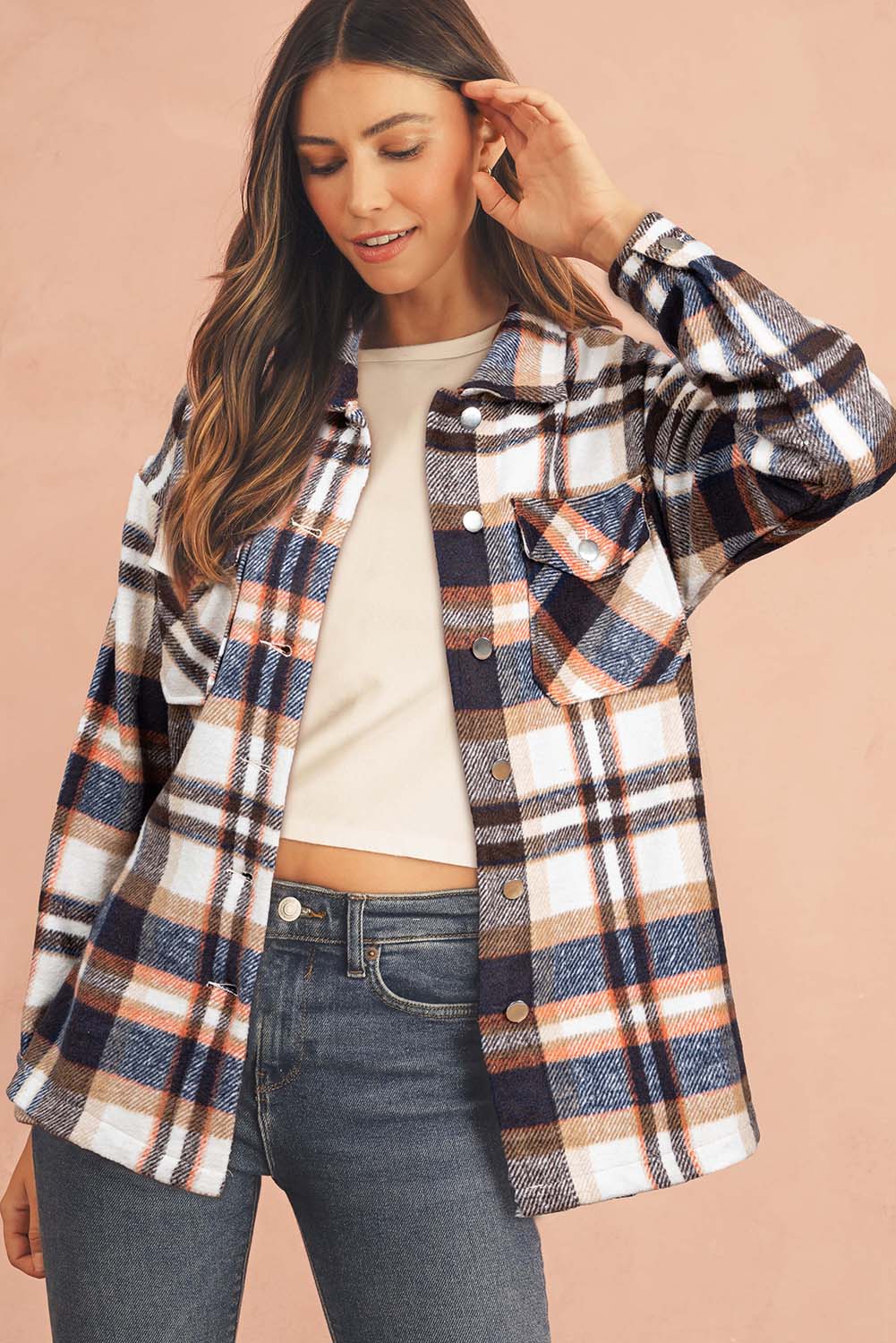 Red Plaid Button Front Pocket Shirt Shacket Blue 100%Polyester 26b44cdbd124ca33